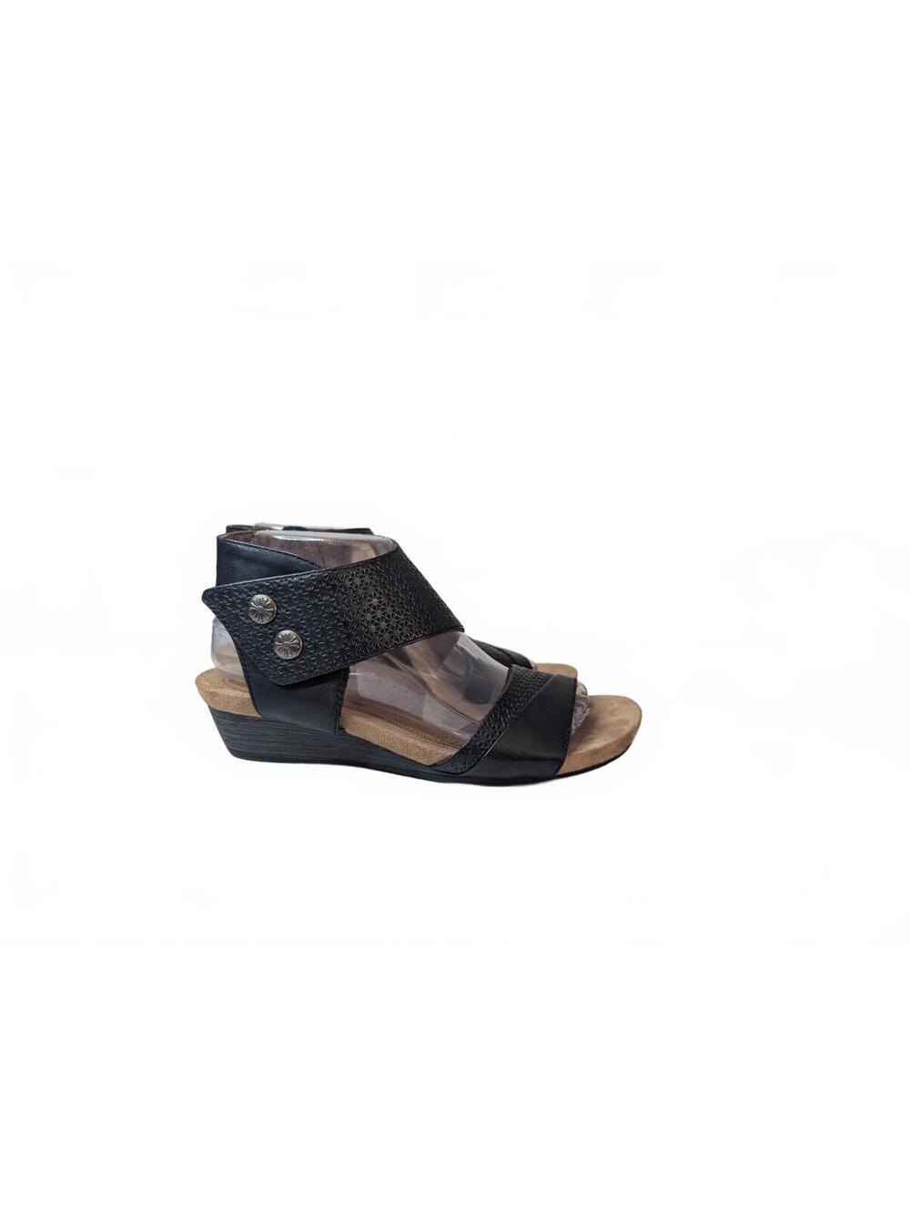 Rockport Cobb Hill Hollywood 2-Piece Cuff Wedge Sandals Black Leather Womens 8.5